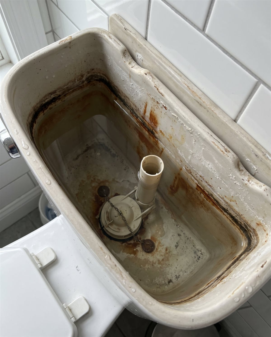 Inside a neglected toilet tank: rust stains, a dark water line and cloudy water