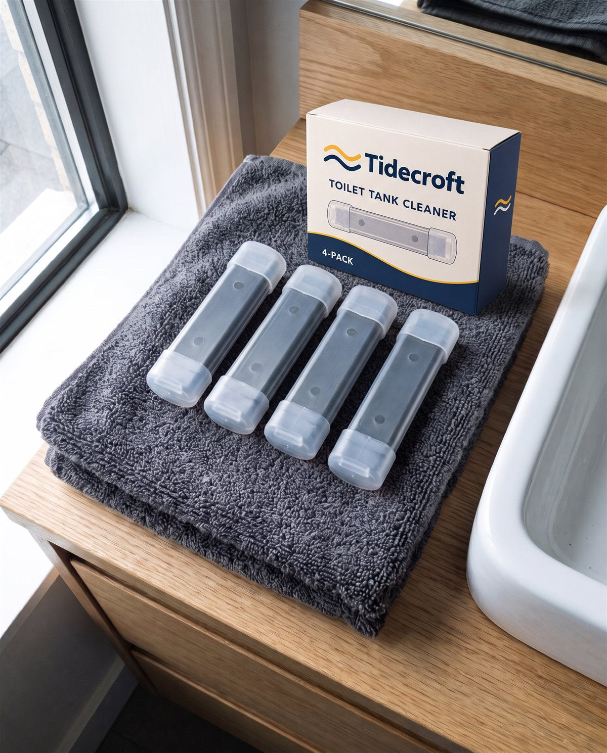 Four Tidecroft tank cleaners on a grey towel next to the Tidecroft 4-pack box